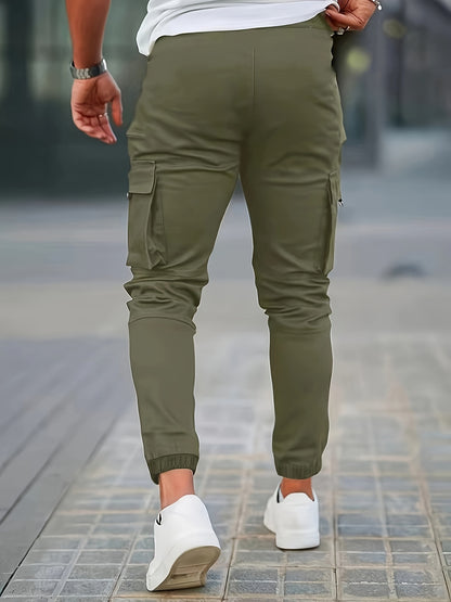 Men's Solid Color Multi-pocket Cargo Pants With Drawstrings, Casual Stylish Sports Trousers As Gift
