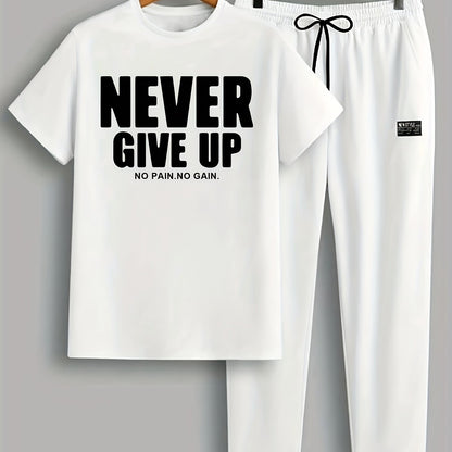 Men'S 2pcs Summer Never Give Up Casual T-Shirt & Jogger Set - Navy Blue with Inspirational Quote, Drawstring Waist, and Pockets - Perfect for Casual Outings and Sports, Jogging Pants