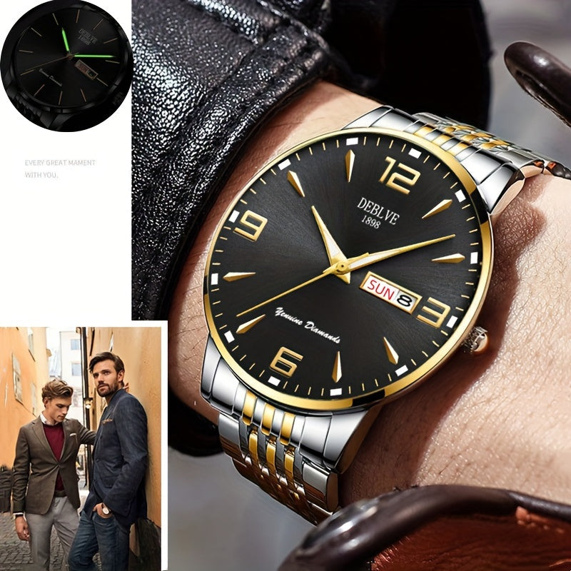 DEBLVE Men's Sleek Business Watch - Ultra-Thin Alloy, Luminous Hands, Calendar & Week Display, Waterproof, Sporty Steel Strap with Secure Clasp