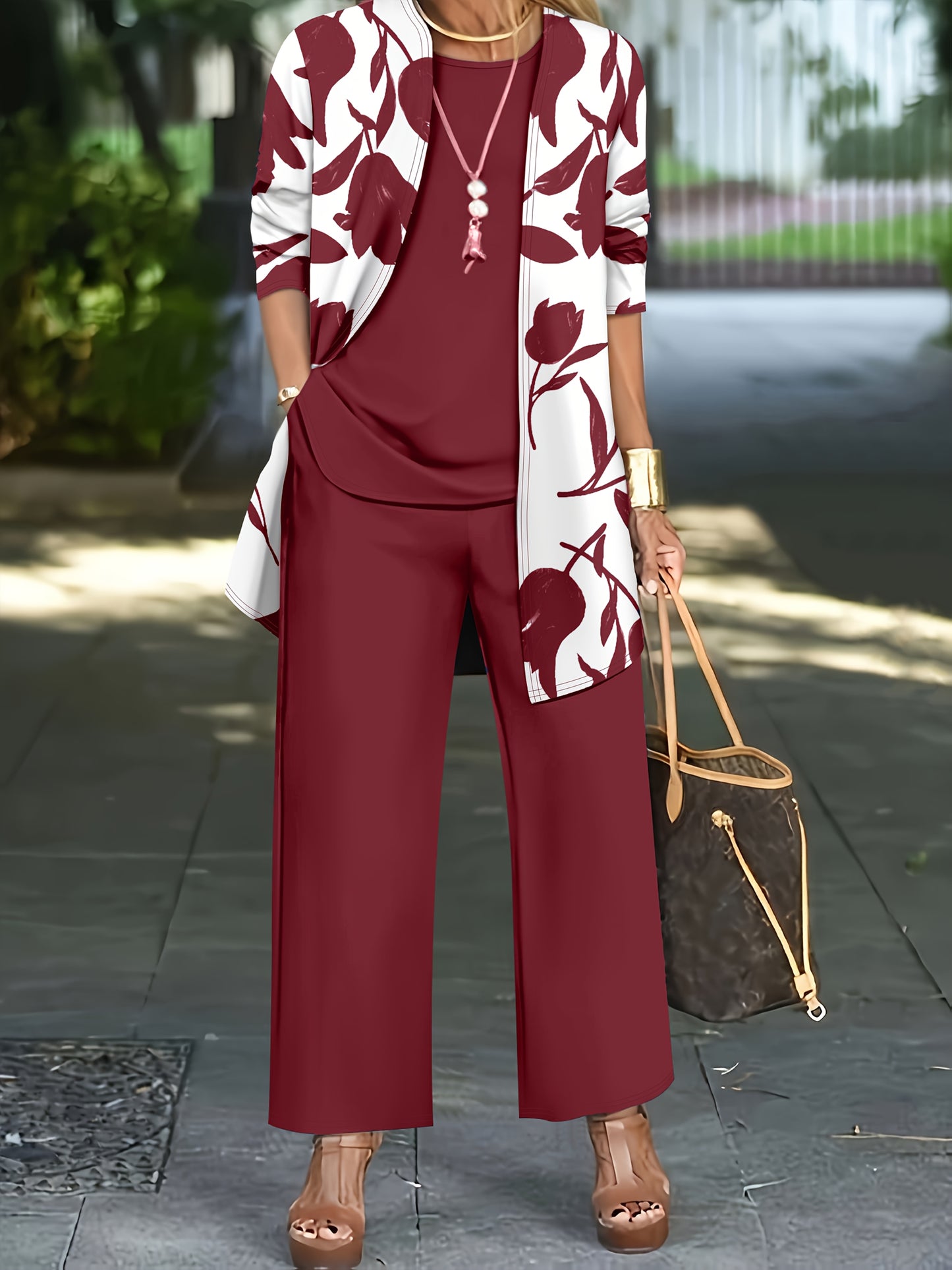 Women'S 3pcs Set, Floral Print Cardigan with Solid Color Cami and Wide-Leg Pants Casual Outfit