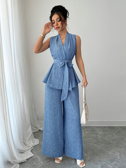 Women'S Elegant Two-Piece Summer Set - Sleeveless V-Neck Crop Top with Tie Detail & High-Waisted Wide-Leg Pants, Solid Color, Perfect for Spring/Summer, Casual Attire|Elegant Two-Piece Set|Polyester Fabric