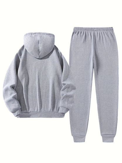 Men'S Sporty Two-Piece Hoodie and Pants Set - Gray with Black Logo, Non-Stretch Fabric, Regular Fit, Pockets, Ideal for Fall/Winter, Casual Wear|Hooded Sweatshirt|Pocketed Pants, Sweater Hoodie
