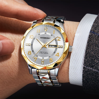 1 New BANBONY Brand Unisex Stainless Steel Quartz Watch with HD Scratch-Resistant Rhinestone-Embellished Simple Digital Round Dial, Luminous Display Date Calendar Battery-Powered Multifunctional Fully Automatic Wristwatch for