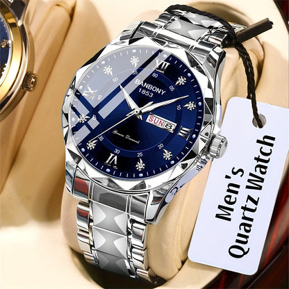 1pc Stainless Steel Strap Men'S Roman Numerals Dial Rhinestones Multifunctional Watch, Ideal for Birthday, Holiday Gifts Valentine'S Day