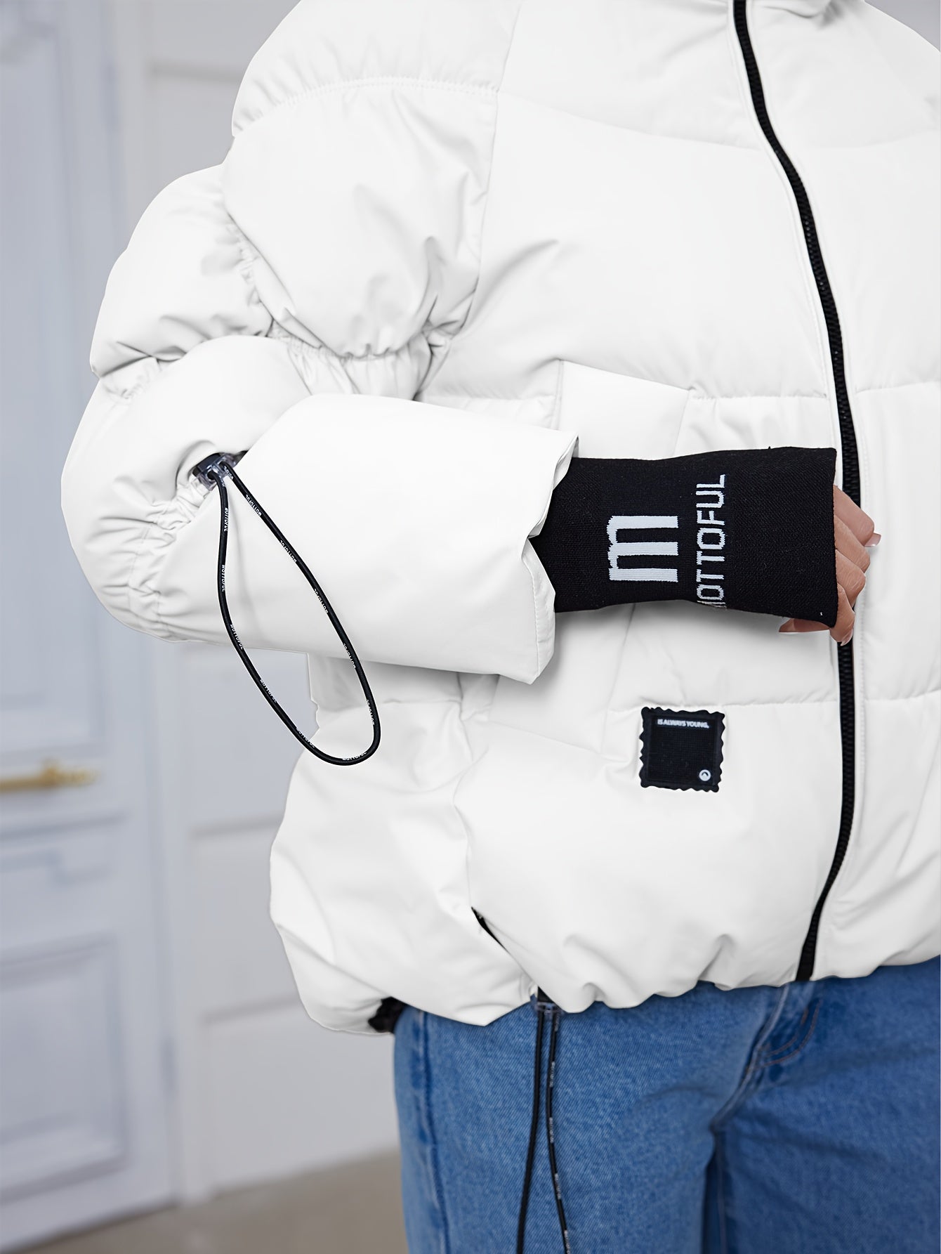 Women's Stylish Beige Puffer Jacket - Casual Warm Winter Coat with Black Trim, Long Sleeves & Zippered Hood, Polyester Fabric for Outdoor Comfort