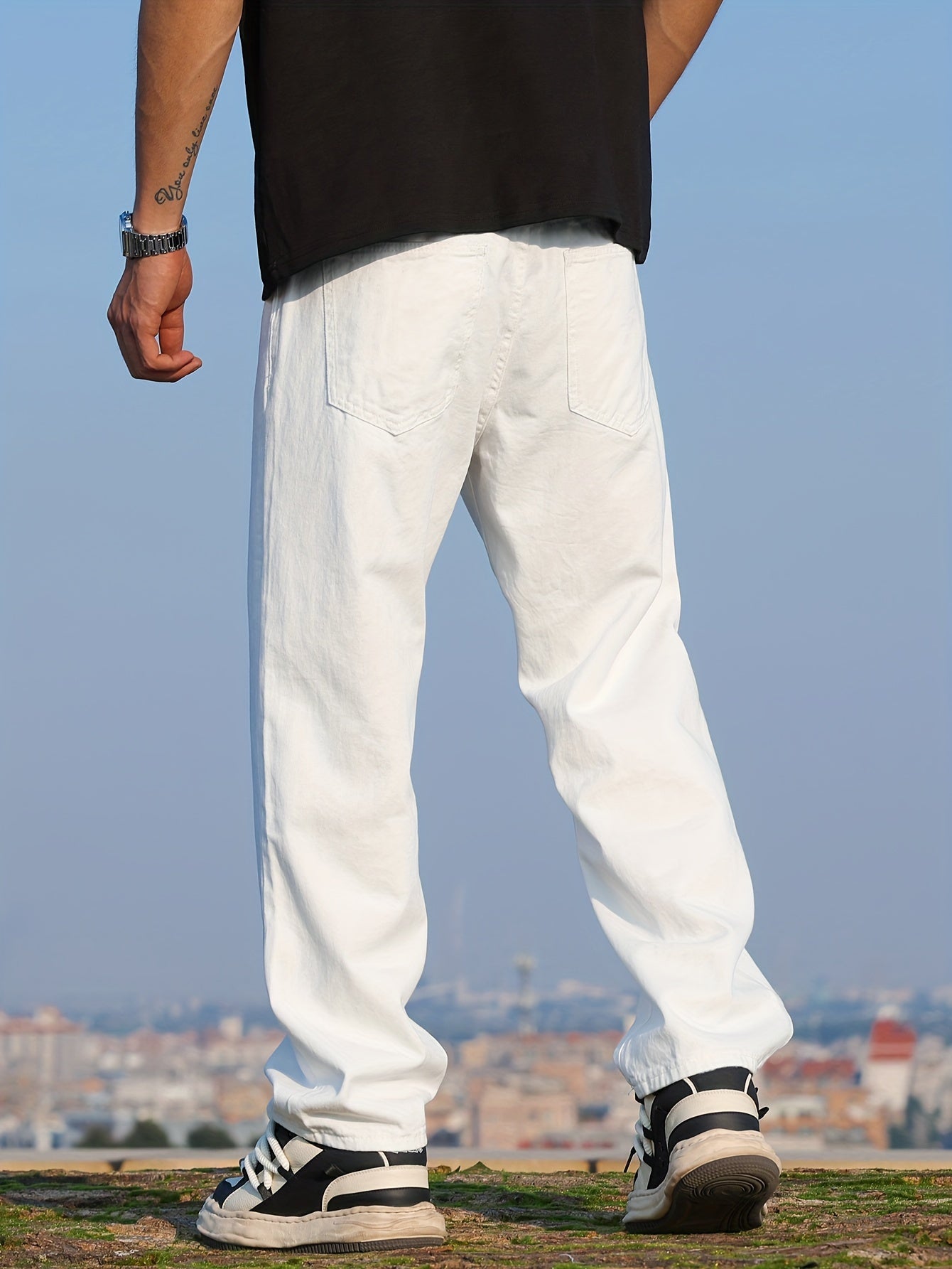 Loose Cotton Blend Men's Solid Wide Leg Pants, Men's Casual Denim Pants, All Seasons