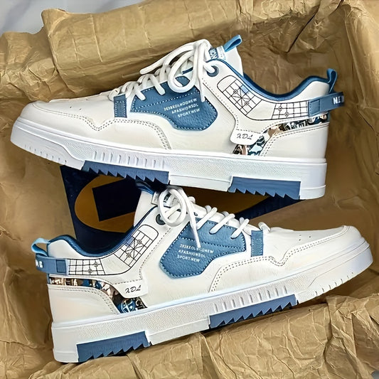 Men's Skate Shoes with Good Grip & Breathable Design - PU Upper, Cushioned PVC Sole, Black/Blue Letter Pattern Lace-Up Sneakers for All-Season Casual & Sports Wear, Allseason Shoes | Modern Casual Shoes | Comfortable Wear