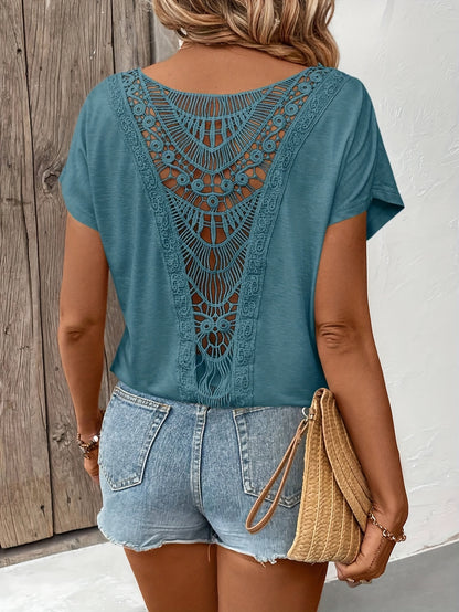 Women'S Elegant Lace Trim Short Sleeve T-Shirt - Chic White Top with Intricate Lace Detail, Round Neck, Lightweight Polyester for Spring/Summer Casual Wear, Ladies T Shirts