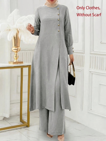Ramadan, Women's Front-Button Long Sleeve Slit Dress & Pants Casual Arabic Style 2pcs Set, Only Clothes, Without Headscarf