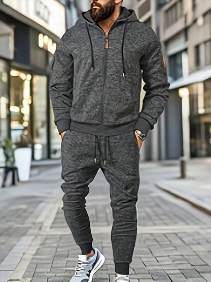 Men's Casual Sports Hoodie and Pants Set with Zipper, Drawstring, Fleece-Lined - Polyester Blend, Machine Washable