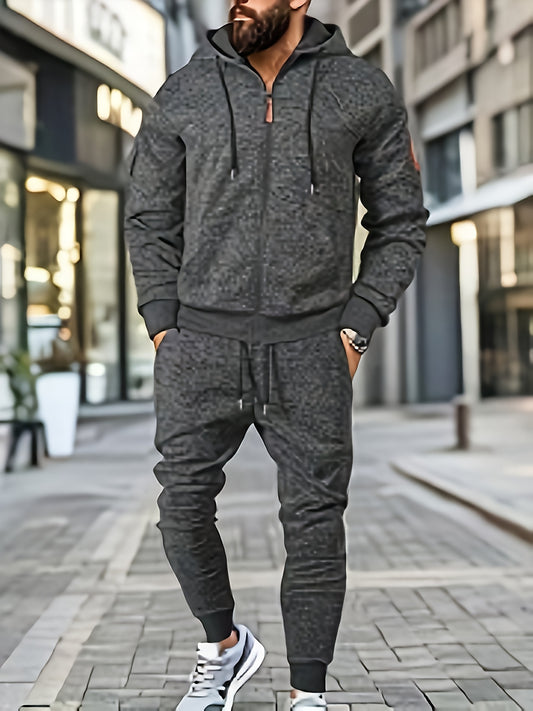 Men's Casual Sports Hoodie and Pants Set with Zipper, Drawstring, Fleece-Lined - Polyester Blend, Machine Washable