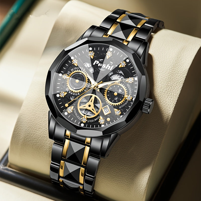 POSHI Men's Luxury Golden-Tone Quartz Watch with Rhinestone Accents, Luminous Waterproof Design, Calendar Feature, and Stylish Hexagonal Hands - Perfect Business Gift for Men, Formal Timepiece