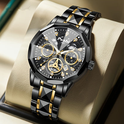 POSHI Men's Luxury Golden-Tone Quartz Watch with Rhinestone Accents, Luminous Waterproof Design, Calendar Feature, and Stylish Hexagonal Hands - Perfect Business Gift for Men, Formal Timepiece