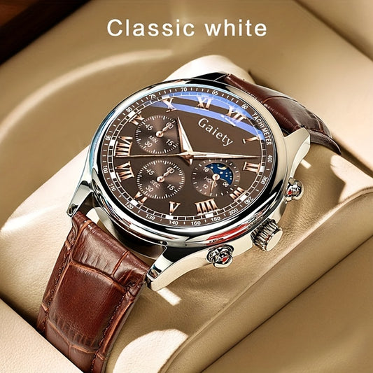 1pc GAIETY Men'S Luxury Quartz Watch with Matching Faux Leather Belt, Round Alloy Case, Non-Rechargeable Battery - Fashion Business Sport Watch Combo
