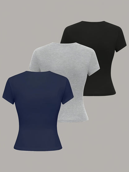 3pcs Women'S Basic Crew Neck Short Sleeve Crop T-Shirts in Black, White, and Gray - Slim Fit, Stretchy Polyester Blend, Cute & Versatile for Spring/Summer, Casual Outings, Vacation Attire | Basic Crop Top | Textur