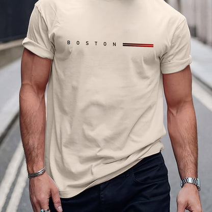 Men's Heavyweight 180gsm Cotton T-Shirt - Dark Gray Crew Neck Tee with Bold "Boston" Print, All-Season Everyday & Formal Shirt for Men - Machine Washable Luxury Casual Top, Versatile Clothing, Modern Design, Premium Fabric, S