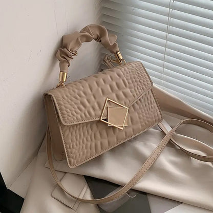 Fashion Embossed Crossbody Bag with Pleated Handle - Women'S Solid Color Stylish Shoulder Bag, Plain Crossbody Bag with Pleated Handle, Small Square Bag in Stone Pattern.