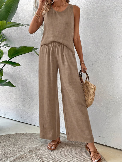 Women'S Summer Backless Cut-Out Panel Tank Top + Wide Leg Pants Set - Casual, Simple, Sleeveless, Polyester, Light Beige, Perfect for Spring/Summer, Casual Attire|Backless Top|Polyester Fabri