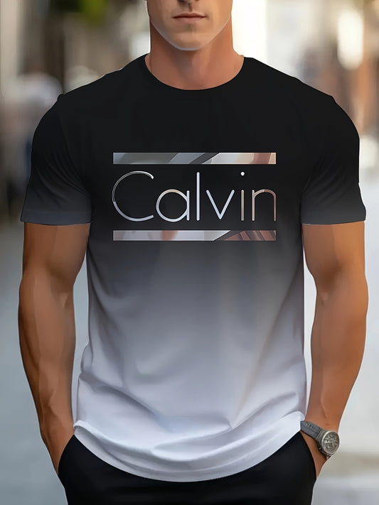 Men'S "Calvin" Graphic T-Shirt - Casual 3D Print Letter Tee with Geometric Design, Short Sleeve, Round Neck, Light Blue, Perfect for Summer, Everyday & Sportswear, Casual Wear Tee | Modern Casualwear | Comfortable Fit