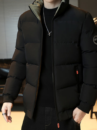 Men's Heavyweight Winter Coat - Full-Zip Cold Weather Jacket, Stand-Up Collar, Exterior Zipper Closure, Machine Washable Outer Shell for Everyday & Formal Wear - Black, Seasonal Layering, Sleek Design, Durable Fabric, Urban C