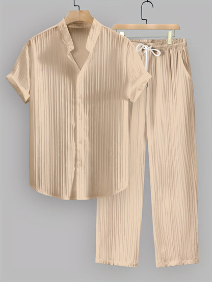 2pcs Men's Summer Casual Striped Polyester Outfit Set, Short Sleeve Stand Collar Shirt and Drawstring Pants, Non-Stretch Woven Fabric, Regular Fit for Daily Wear and Beach Vacation, Plain Color, Beach Vacation