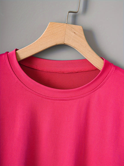 Women's Red Crop Top T-Shirt - Casual Short Sleeve, Loose Fit, Solid Color, Polyester, Machine Washable, Round Neck - Perfect for Summer