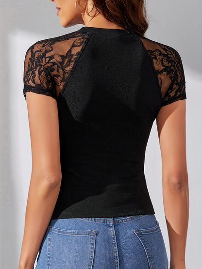 Women's High Waist Slim Fit T-Shirt - Black with Lace Contrast Raglan Sleeves, Stretch Polyester Blend, Breathable & Machine Washable, Elegant Casual Daily Wear Top, Versatile Clothing, Stylish Blouse, Soft Texture, Fitted Bl