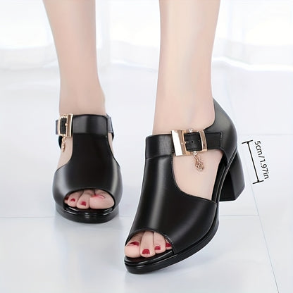 Elegant Women'S Open-Toe Chunky Heel Shoes - Comfortable Mid-Height with Golden Buckle Strap, Breathable Cut-Out Design, Shock-Absorbing Insole & Durable Rubber Sole for Summer Casual & Formal Occasions, High Heel Footwear, D