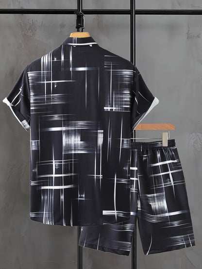 Men'S Stylish Gradient Shirt Set - Brown & White Geometric Pattern, Short Sleeve with Pocket, Loose Fit Shorts, Perfect for Beach, Camping, Fishing & Outdoor Activities, Casual Attire|Geometric Pattern Shirt|Woven Fabri
