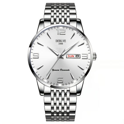 DEBLVE Men's Sleek Business Watch - Ultra-Thin Alloy, Luminous Hands, Calendar & Week Display, Waterproof, Sporty Steel Strap with Secure Clasp