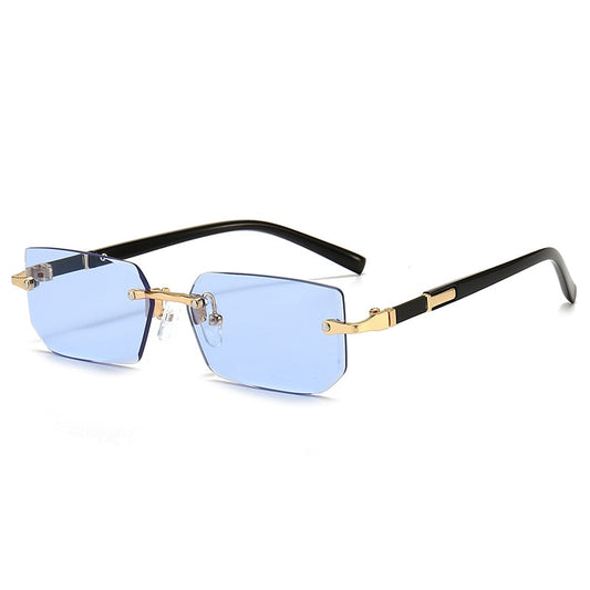 Rimless Rectangle Fashion Fashion Glasses - Light Blue Lens with Golden-Tone Accents, Durable PC Frame, Ideal for Summer & Casual Attire, Summer Glasses|Stylish Rectangular Glasses|Polycarbonate Frame