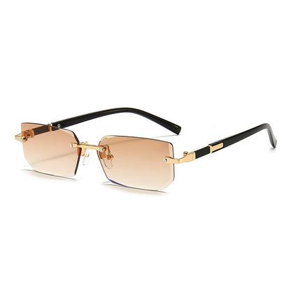 Rimless Rectangle Fashion Fashion Glasses - Light Blue Lens with Golden-Tone Accents, Durable PC Frame, Ideal for Summer & Casual Attire, Summer Glasses|Stylish Rectangular Glasses|Polycarbonate Frame