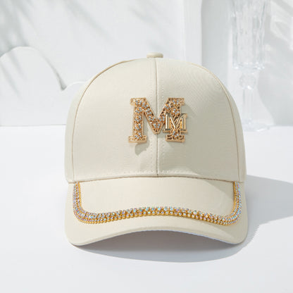 Women's Fashion Patch Baseball Cap With Metallic "M" Initial, Rhinestone Accents, Adjustable Snapback Cps, Wide Brim Sun Hats