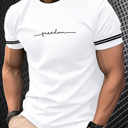 Men'S "Freedom" Graphic T-Shirt - Black Casual Crew Neck Tee with White Stripes, Breathable Polyester Blend, Regular Fit for Casual Attire, Everyday Tshirt | Bold Print Tee | Comfortable Fit, Knit