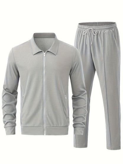 Men's Solid Waffle 2pcs Athletic Outfits, Zip-up Jacket & Pants co ord set for Outdoor Sports