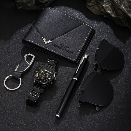5pcs Men'S Business Sports Watch, Wallet, Glasses, Pen and Keychain Set in a Gift Box Suitable for Father'S Day, Anniversaries, or Birthdays