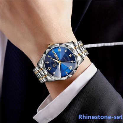 Fashionable Men'S Quartz Watch with a Diamond-shaped Dial, IPX7 Waterproof, Dual Calendar, Luminous Steel Strap, Business Watch