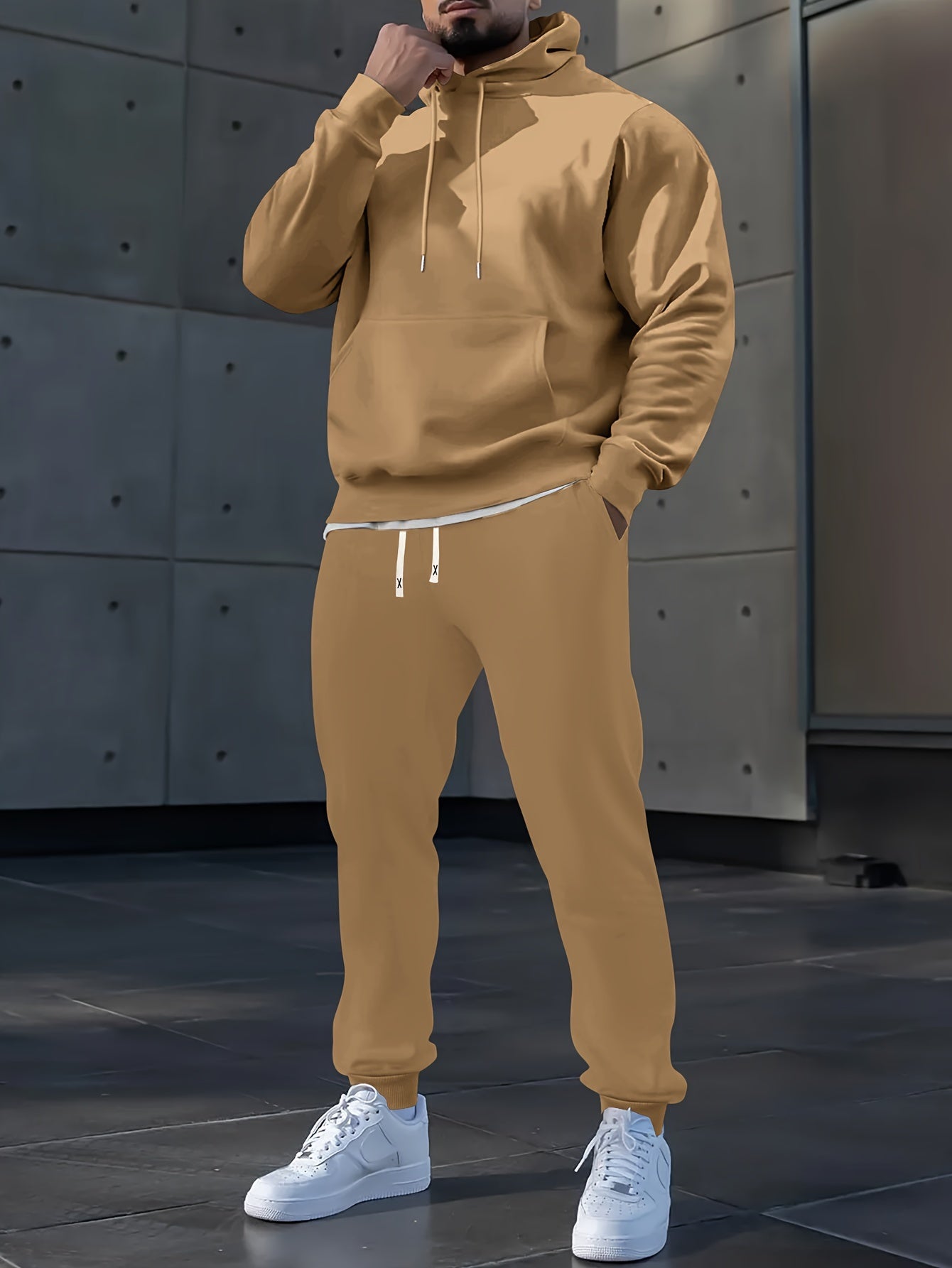 Men's Long Sleeve Hooded Sweatshirt + Threaded Sweatpants Set Spring and Autumn Solid Color Pullover Regular Long Sleeve T-shirt and Pants Belt Drawstring Casual Sports Trousers Two-piece Set