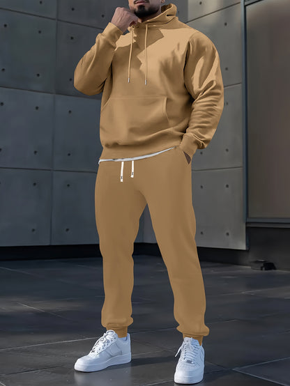 Men's Long Sleeve Hooded Sweatshirt + Threaded Sweatpants Set Spring and Autumn Solid Color Pullover Regular Long Sleeve T-shirt and Pants Belt Drawstring Casual Sports Trousers Two-piece Set
