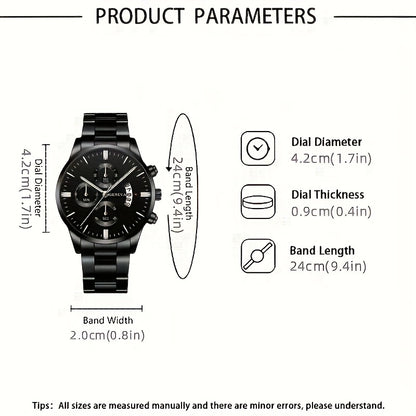 Men'S Business Round Quartz Watch with Calendar Display, Black Stainless Steel Strap, Electronic Movement, Perfect Gift for Valentine'S Day, Easter, Halloween, Ramadan, Birthdays, Christmas