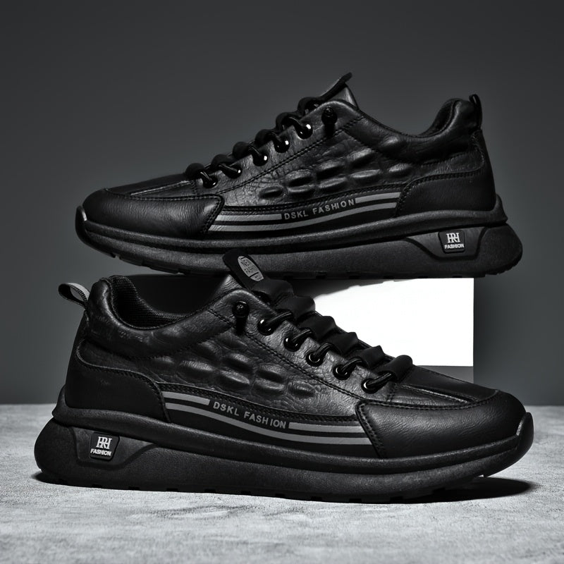 Men's Breathable Casual Sneakers - Comfortable, Versatile & Stylish Shoes for Running, Sports & Casual Attire, Black with White Accents, PU Upper & PVC Sole, Round Toe, Lace-Up Design, All-Season Use