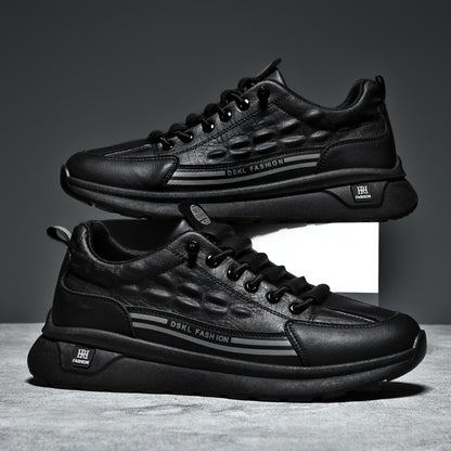 Men's Breathable Casual Sneakers - Comfortable, Versatile & Stylish Shoes for Running, Sports & Casual Attire, Black with White Accents, PU Upper & PVC Sole, Round Toe, Lace-Up Design, All-Season Use