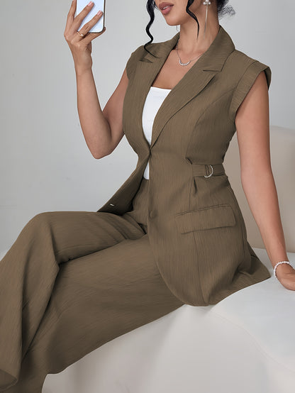 Stylish Women'S Elegant Modern Two-Piece Set with Side-Waist Design, Solid Color Sleeveless Jacket and Pants for Spring/Summer