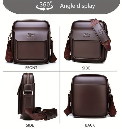 DOSHENG Men's Stylish Black Synthetic Leather Crossbody Bag - Adjustable Strap, Multi-Compartment Business Casual Satchel with Embossed Dinosaur Logo for Office Use, Versatile Crossbody Bag | Stylish Men's Accessory | Metalli