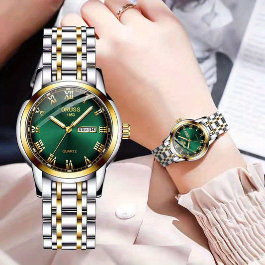 1pc Elegant Ladies' Quartz Wrist Watch, Luminous Dial, Classic Calendar, Roman Style, Stainless Steel Band, Alloy Case, Non, Non-Rechargeable Battery - Fashion Timepiece