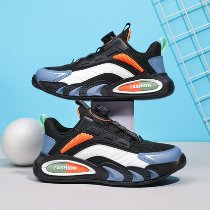 Casual Cool Low Top Sneakers With Rotating Button For Boys, Breathable Shock-absorbing Running Shoes For Spring Summer Autumn