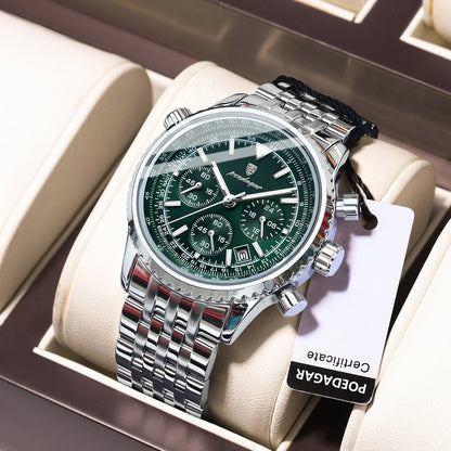 POEDAGAR Luxury Men's Quartz Watch -, Luminous Chronograph with Date Function, Stainless Steel Band & Zinc Alloy Case