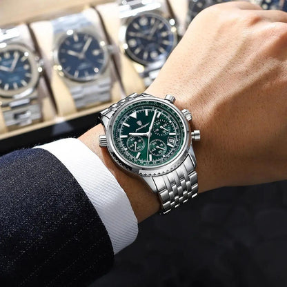 POEDAGAR Luxury Men's Quartz Watch -, Luminous Chronograph with Date Function, Stainless Steel Band & Zinc Alloy Case