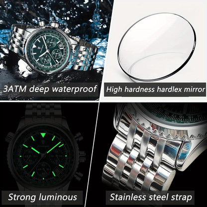 POEDAGAR Luxury Men's Quartz Watch -, Luminous Chronograph with Date Function, Stainless Steel Band & Zinc Alloy Case