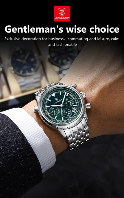 POEDAGAR Luxury Men's Quartz Watch -, Luminous Chronograph with Date Function, Stainless Steel Band & Zinc Alloy Case